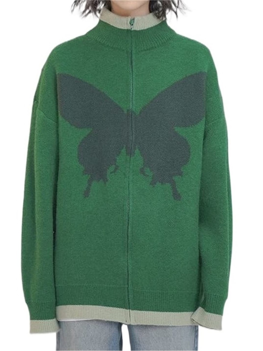 Vencede Women's Sz Medium Full Zip Sweater Green Gray Large Butterfly Print Soft